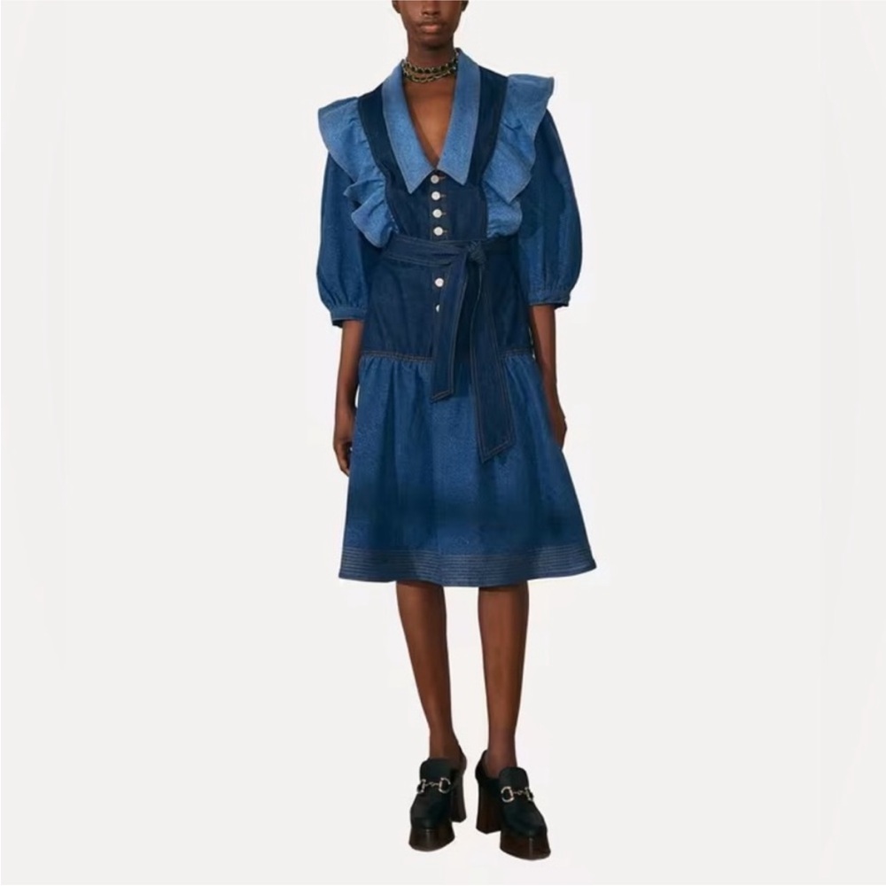 FARM Rio Indigo Ruffle-Trim Midi Dress - Picture 1 of 4